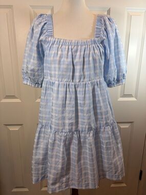 Hyacinth House women’s small Light Blue Gingham Square Neck Tiered Dress
